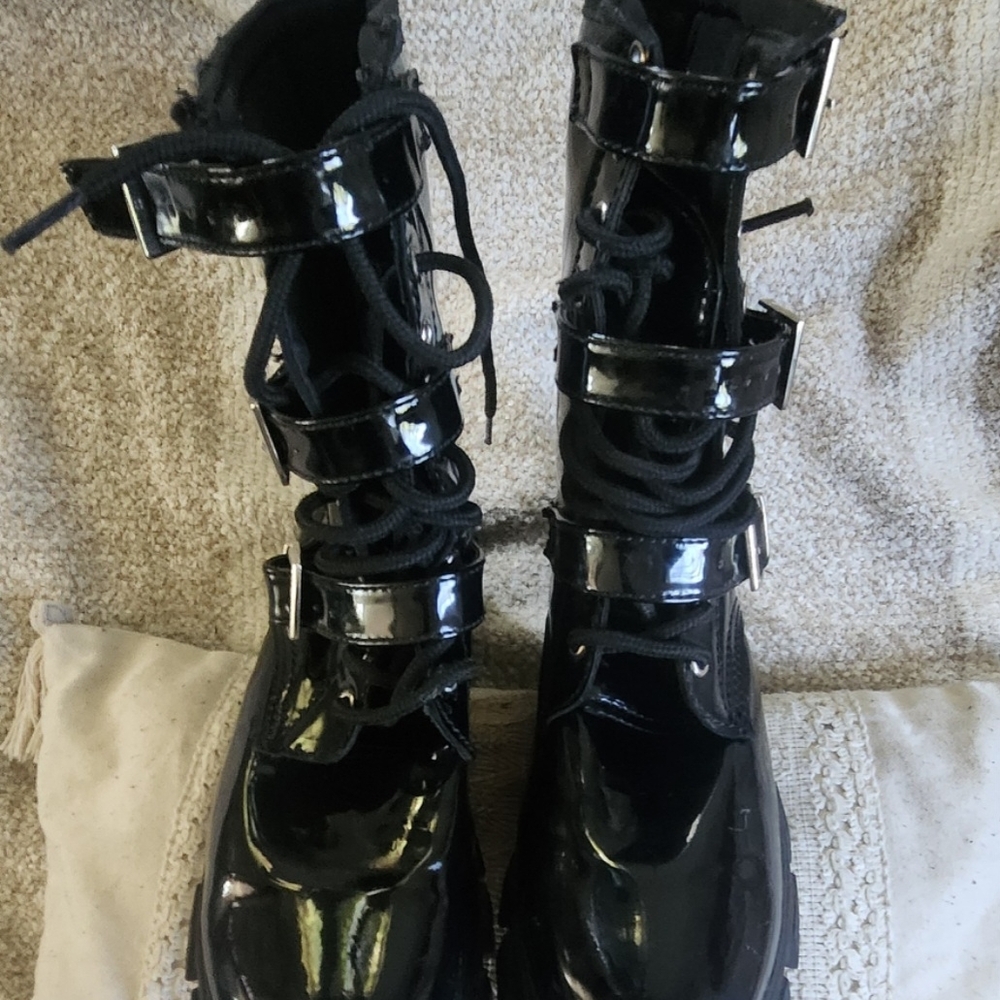 Black Patent Faux Leather Combat Boots - Picture 4 of 6